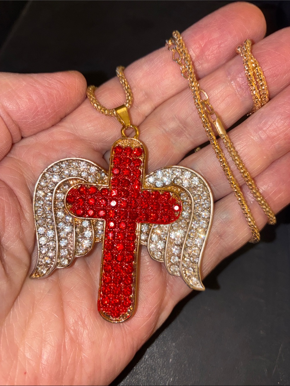 Gold-Tone Red Crystal Cross with Wing Pendant Necklace
